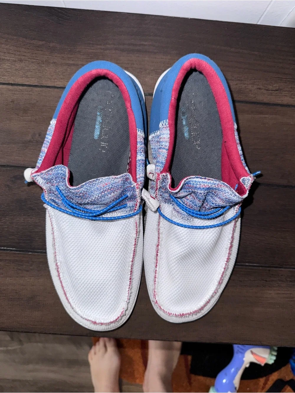 Woman’s Casual Slip-On Shoes in White with Blue & Pink Accents hey dudes